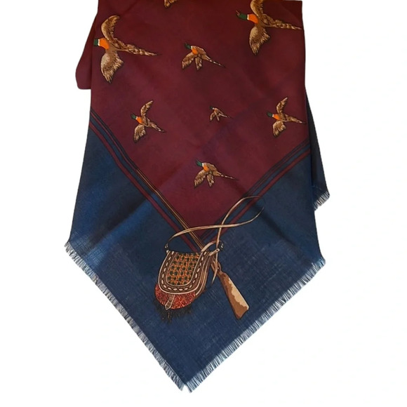 100% Wool Japan Navy Burgundy Equestrian Hunter Novelty Print Scarf Square 35” - Picture 1 of 11
